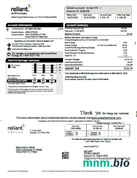 Szablon rachunku za media energetyczne USA Reliant w formatach Word i PDF, Wersja 2